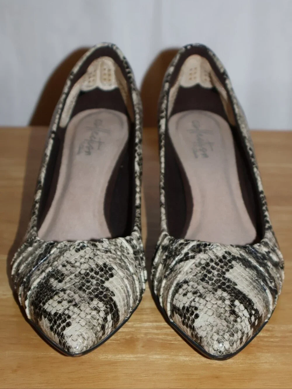 Clarks Linvale Jerica Pumps In Taupe Snake Leather.